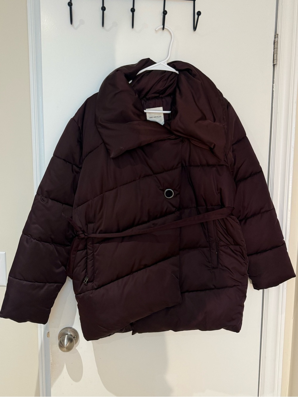 Avec Les Filles Dark Brown Quilted Belted Puffer Jacket